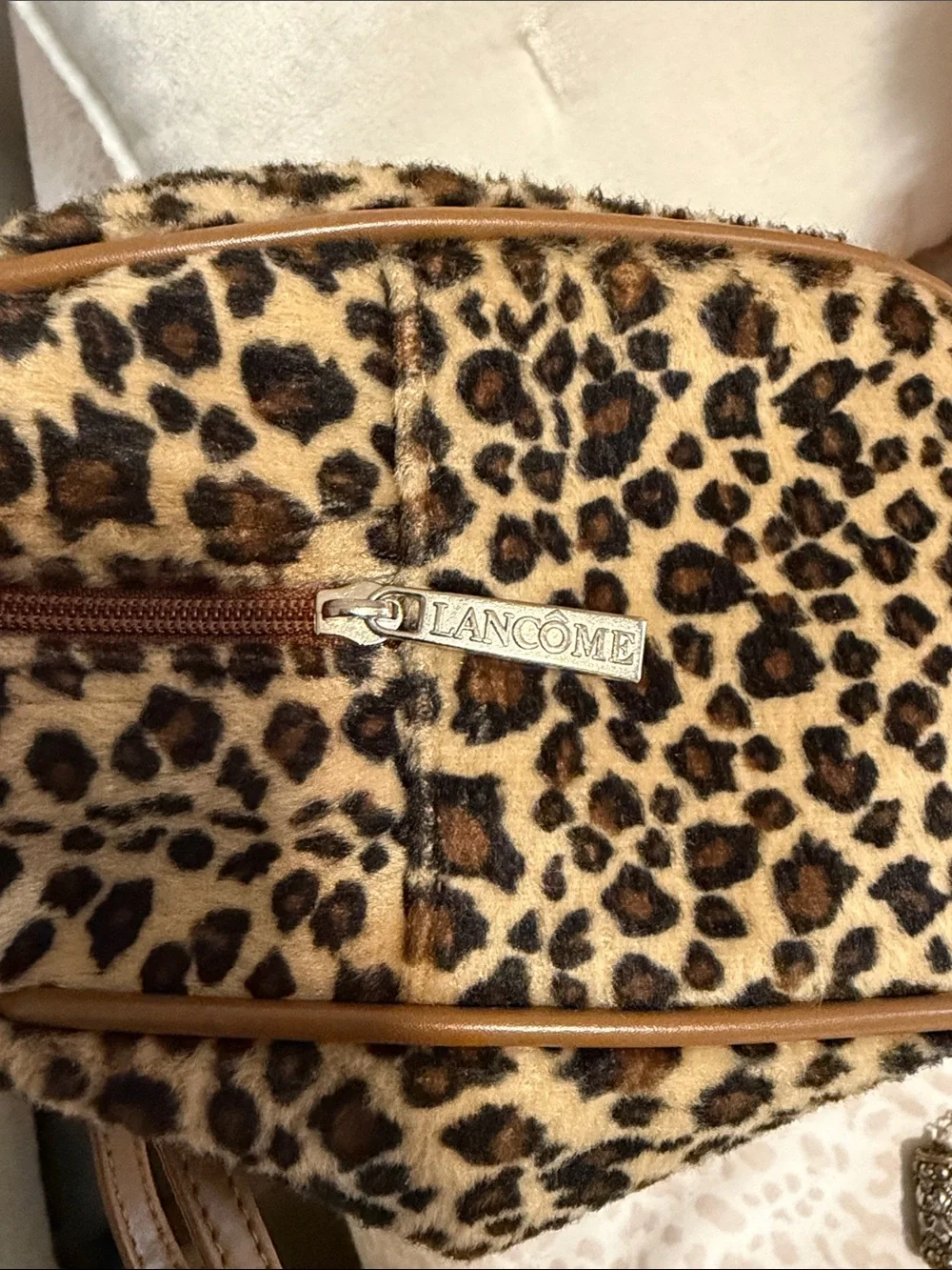 90’s Lancôme 2 piece Leopard Print Cosmetic Bag with Tan Trim and Handles
